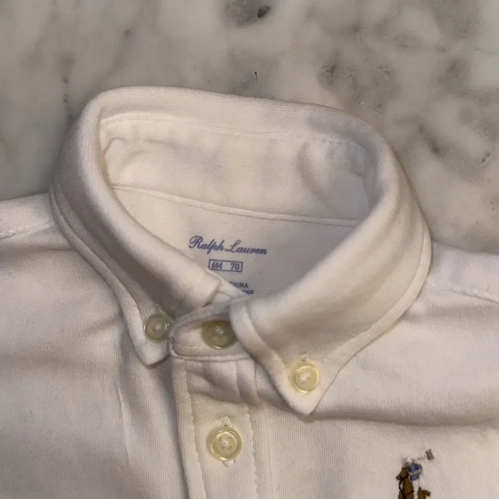 Ralph Lauren White Button Down Shirt with stripe blue pants & belt 6M